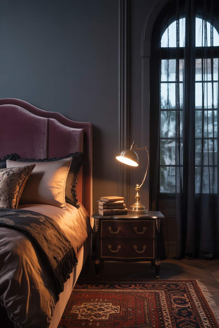 20 Dark Romantic Bedroom Ideas for a Moody, Luxe Vibe 4 Queen-sized bed with burgundy headboard, silk bedding, and antique pillows beside mahogany nightstand with books and brass lamp