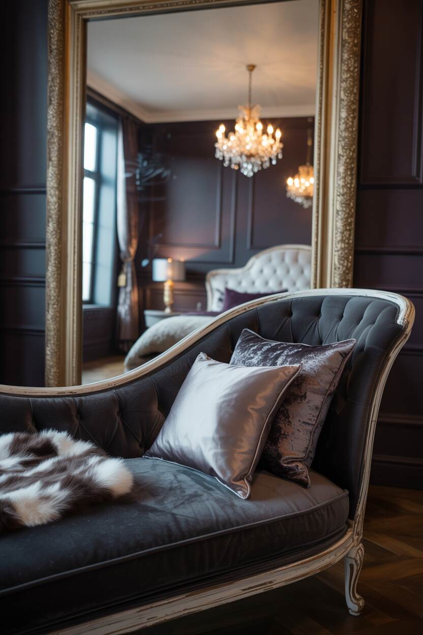 20 Dark Romantic Bedroom Ideas for a Moody, Luxe Vibe 5 Moody bedroom featuring a plush charcoal gray chaise lounge with silk pillows and faux fur throw, ornate gold mirror, and purple walls