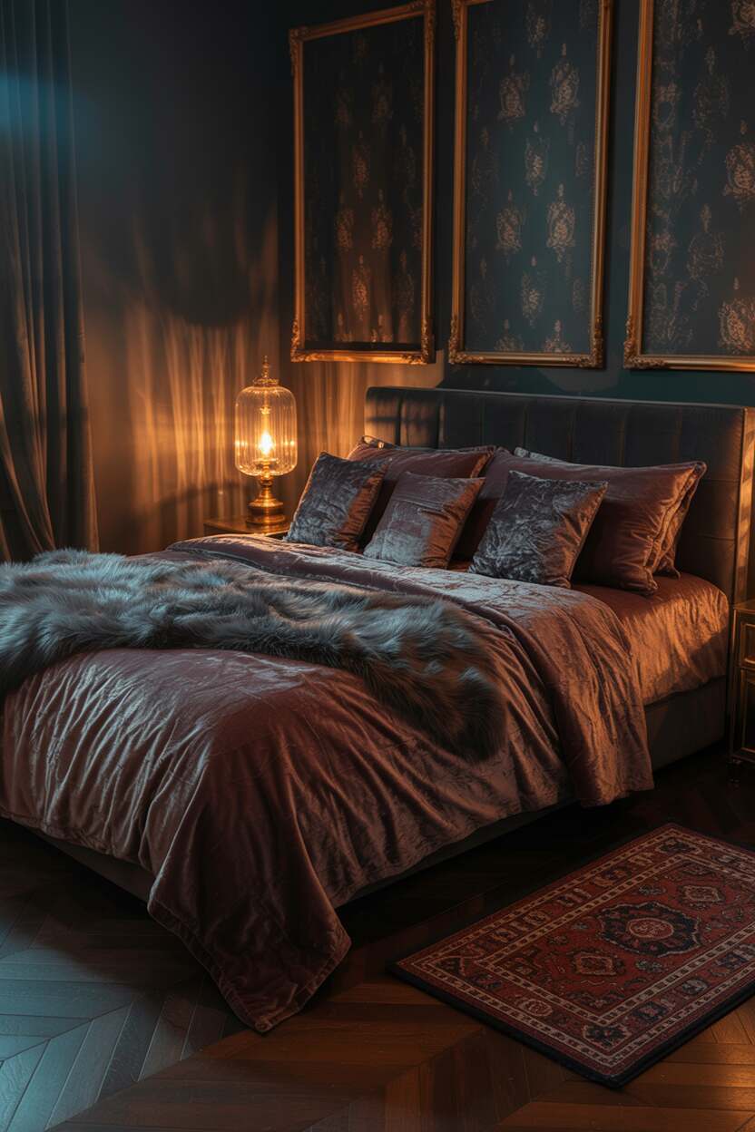 20 Dark Romantic Bedroom Ideas for a Moody, Luxe Vibe 6 King-sized bed with burgundy velvet linens and grey pillows against teal wallpaper with gold-framed mirrors and Persian rug