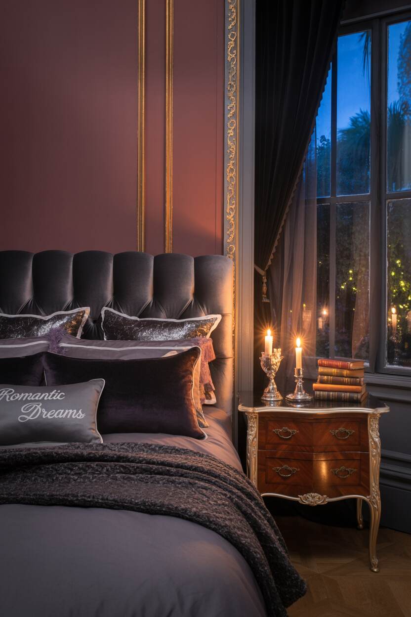 20 Dark Romantic Bedroom Ideas for a Moody, Luxe Vibe 7 King-sized bed with charcoal headboard, purple and silver pillows, "Romantic Dreams" blanket, and mahogany nightstand with candle