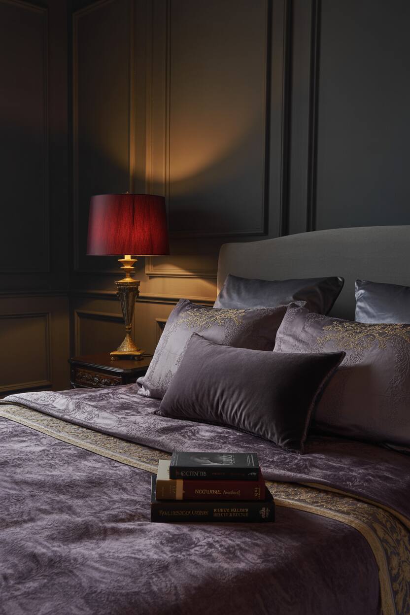 20 Dark Romantic Bedroom Ideas for a Moody, Luxe Vibe 8 King-sized bed with plum velvet bedding and gold embroidery, grey throw pillows, crimson lamp, and "Nocturne" novels on nightstand