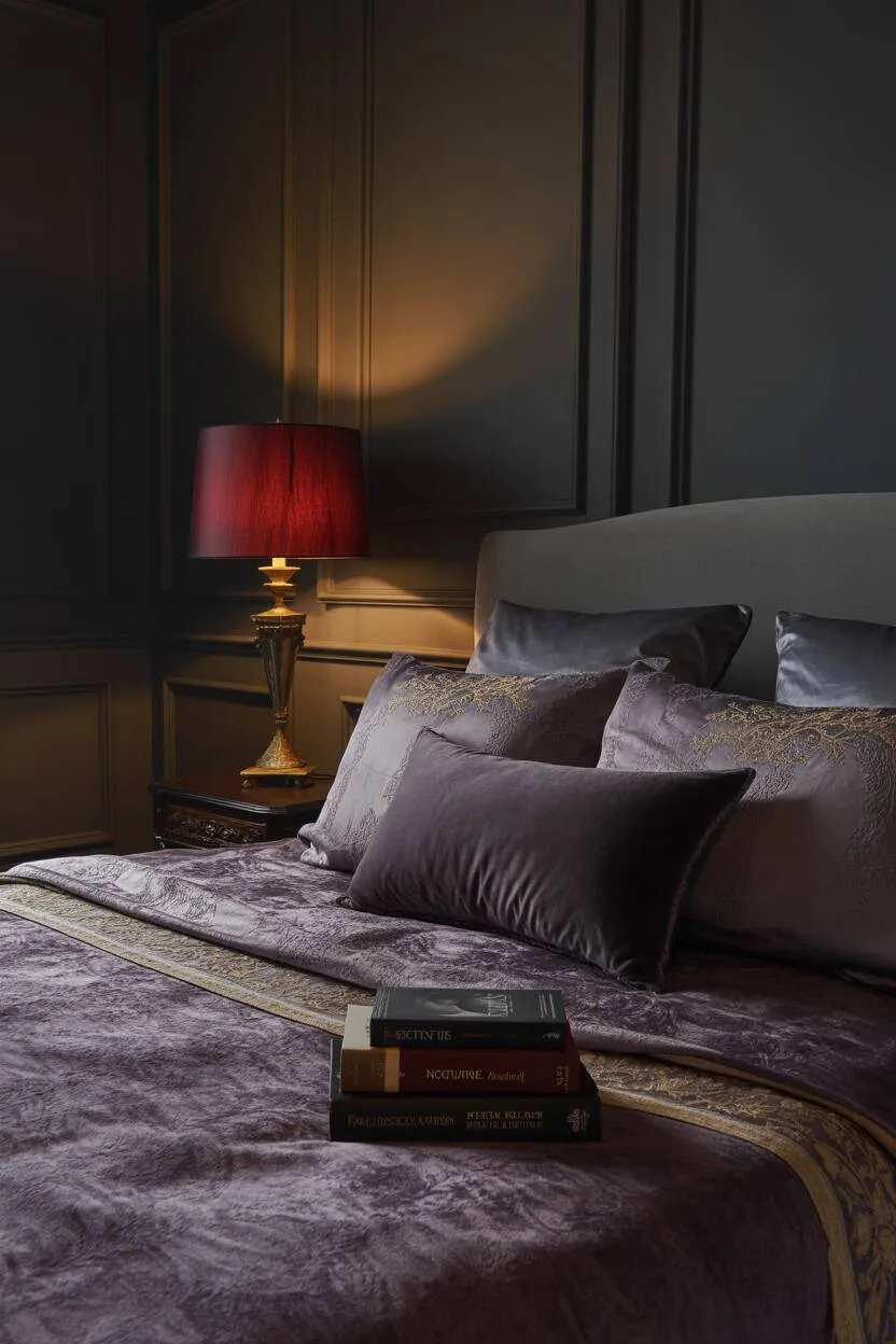 20 Dark Romantic Bedroom Ideas for a Moody, Luxe Vibe 8 King-sized bed with plum velvet bedding and gold embroidery, grey throw pillows, crimson lamp, and "Nocturne" novels on nightstand
