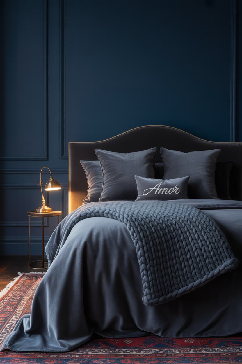20 Dark Romantic Bedroom Ideas for a Moody, Luxe Vibe 9 King-sized bed with dark grey velvet, oversized pillows, chunky knit throw, and "amor" embroidered pillow on Persian rug