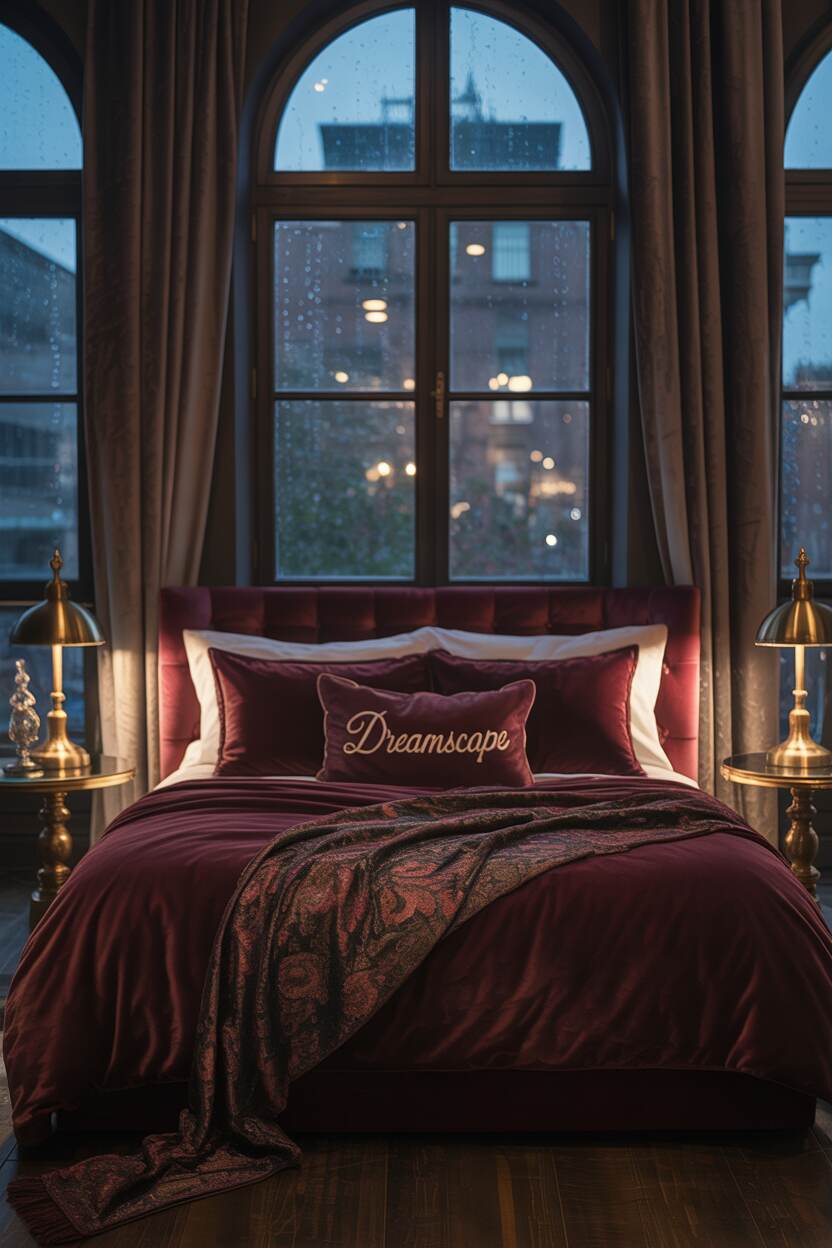 20 Dark Romantic Bedroom Ideas for a Moody, Luxe Vibe 10 King-sized bed with burgundy velvet and "DREAMSCAPE" gold embroidered pillow, brass lamps, and arched window showing rainy cityscape