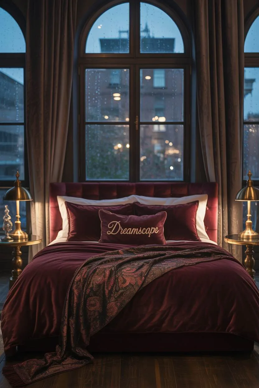 20 Dark Romantic Bedroom Ideas for a Moody, Luxe Vibe 10 King-sized bed with burgundy velvet and "DREAMSCAPE" gold embroidered pillow, brass lamps, and arched window showing rainy cityscape