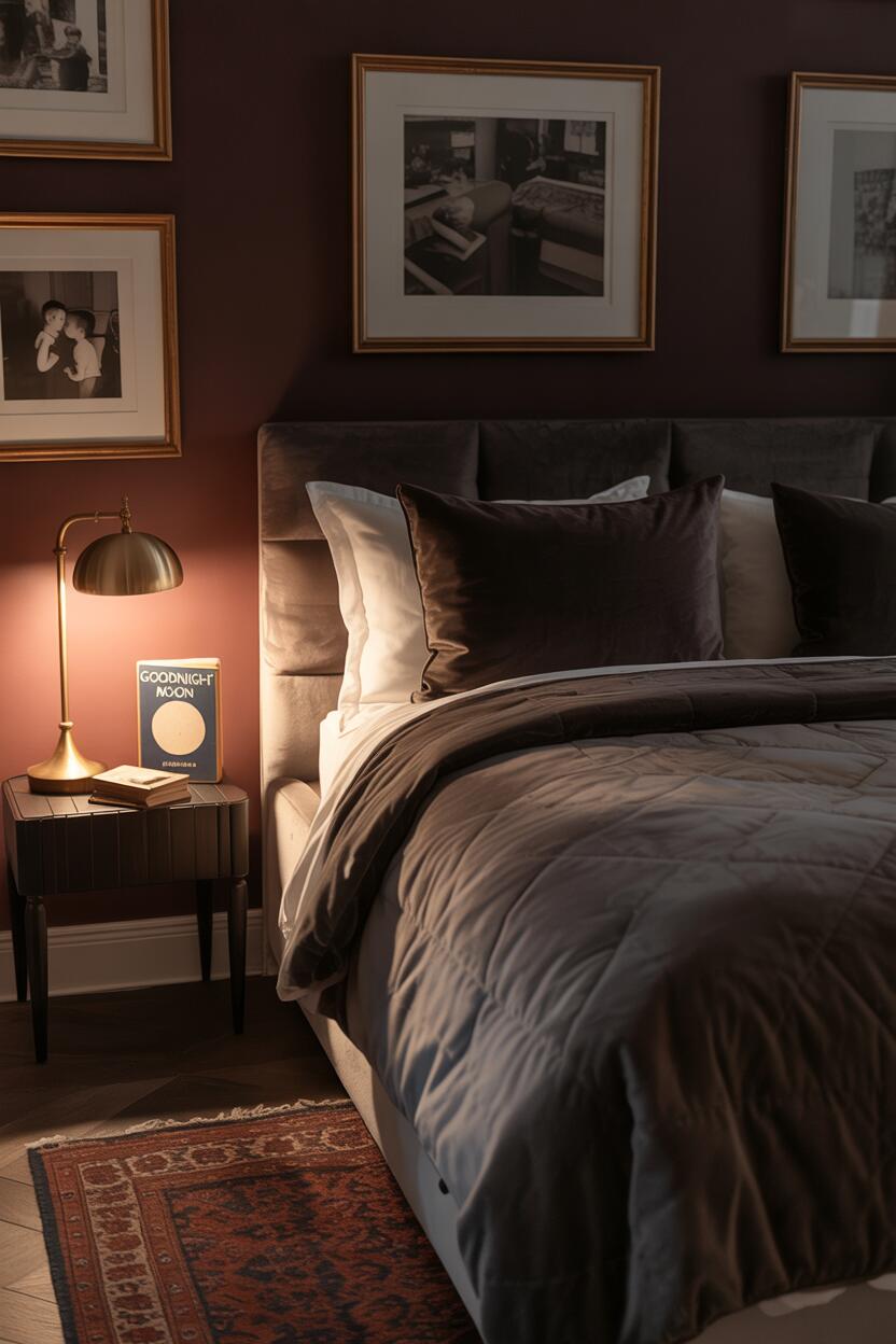20 Dark Romantic Bedroom Ideas for a Moody, Luxe Vibe 11 King-sized bed with grey velvet headboard, charcoal duvet, velvet pillows, brass lamp, and "Goodnight Moon" book on dark wood table