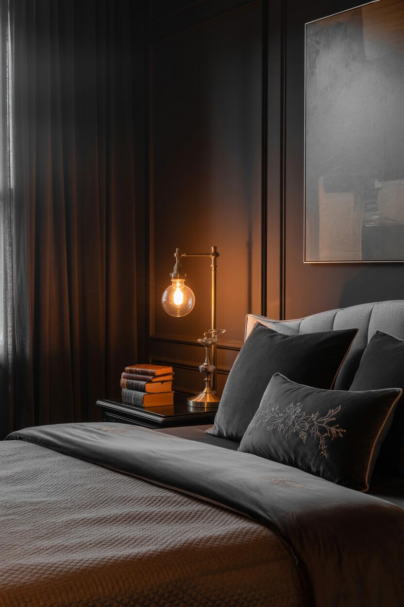 20 Dark Romantic Bedroom Ideas for a Moody, Luxe Vibe 12 King-sized bed with dark grey velvet bedding and embroidered pillows, vintage brass lamp on mahogany nightstand with antique books