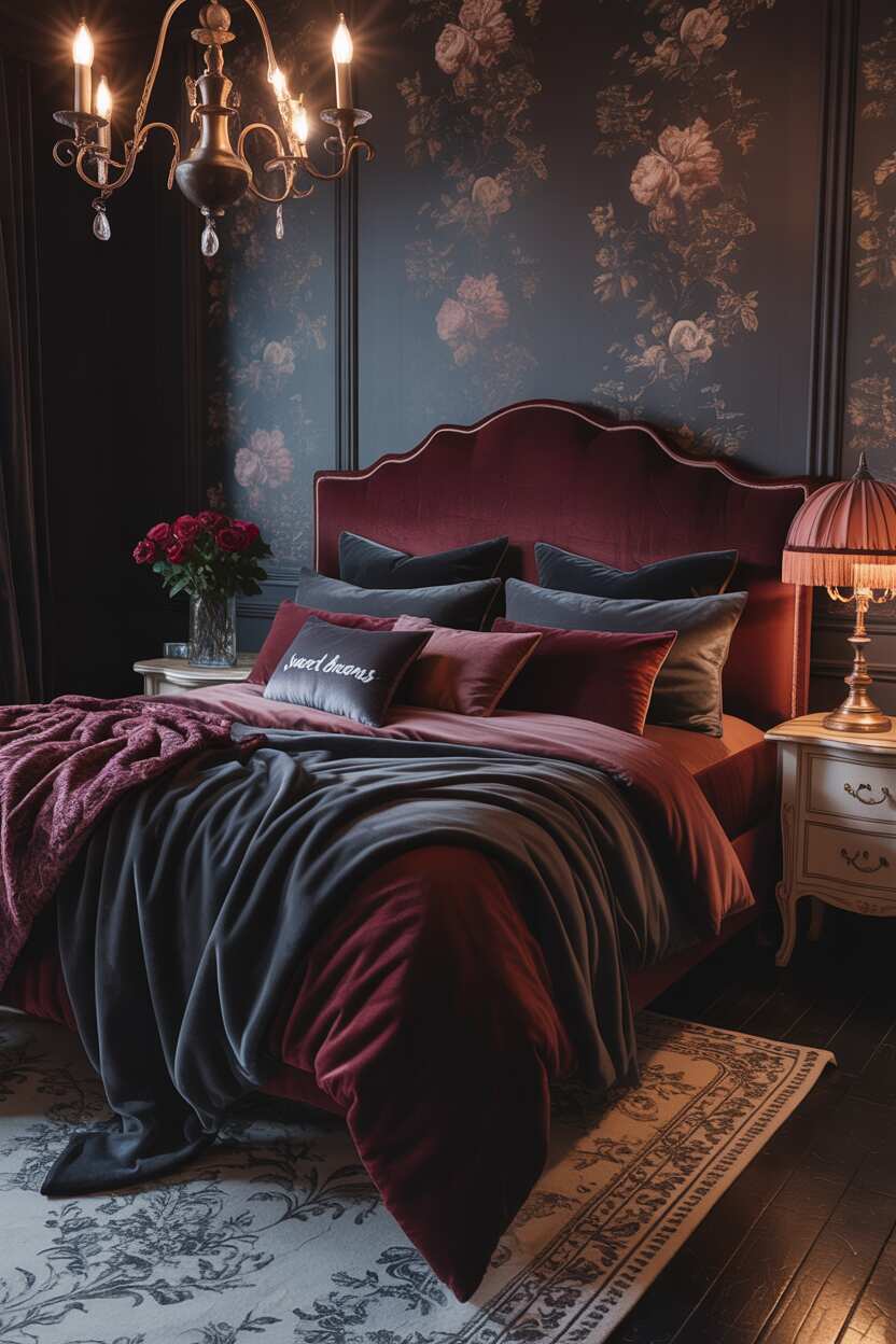 20 Dark Romantic Bedroom Ideas for a Moody, Luxe Vibe 13 King-sized bed with burgundy and charcoal velvet bedding, "sweet dreams" silk throw, wrought-iron chandelier, and red roses on nightstand