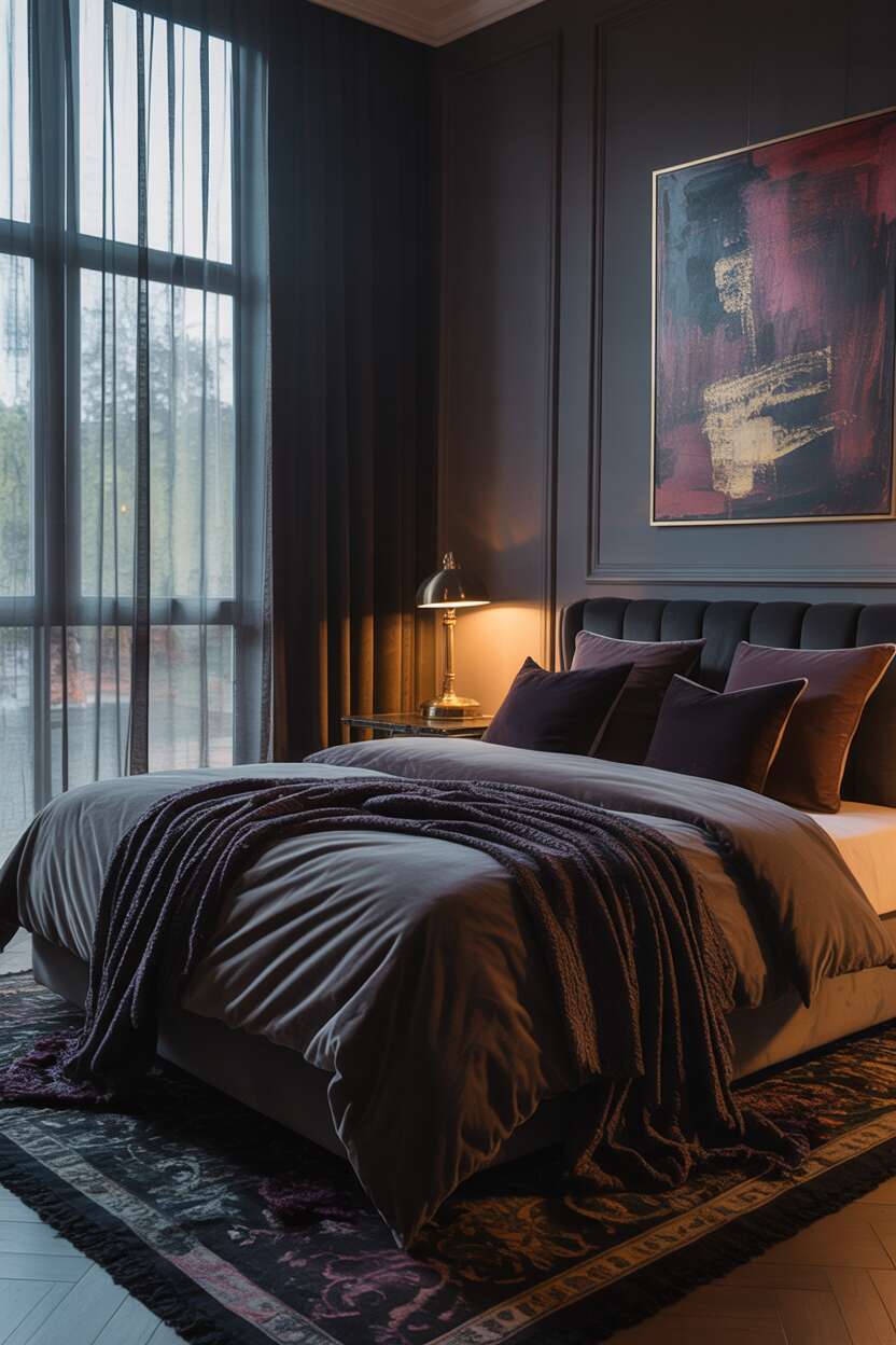 20 Dark Romantic Bedroom Ideas for a Moody, Luxe Vibe 14 King-sized bed with dark gray velvet bedding and purple throw pillows, brass lamp on dark wood table, and abstract painting with gold and crimson