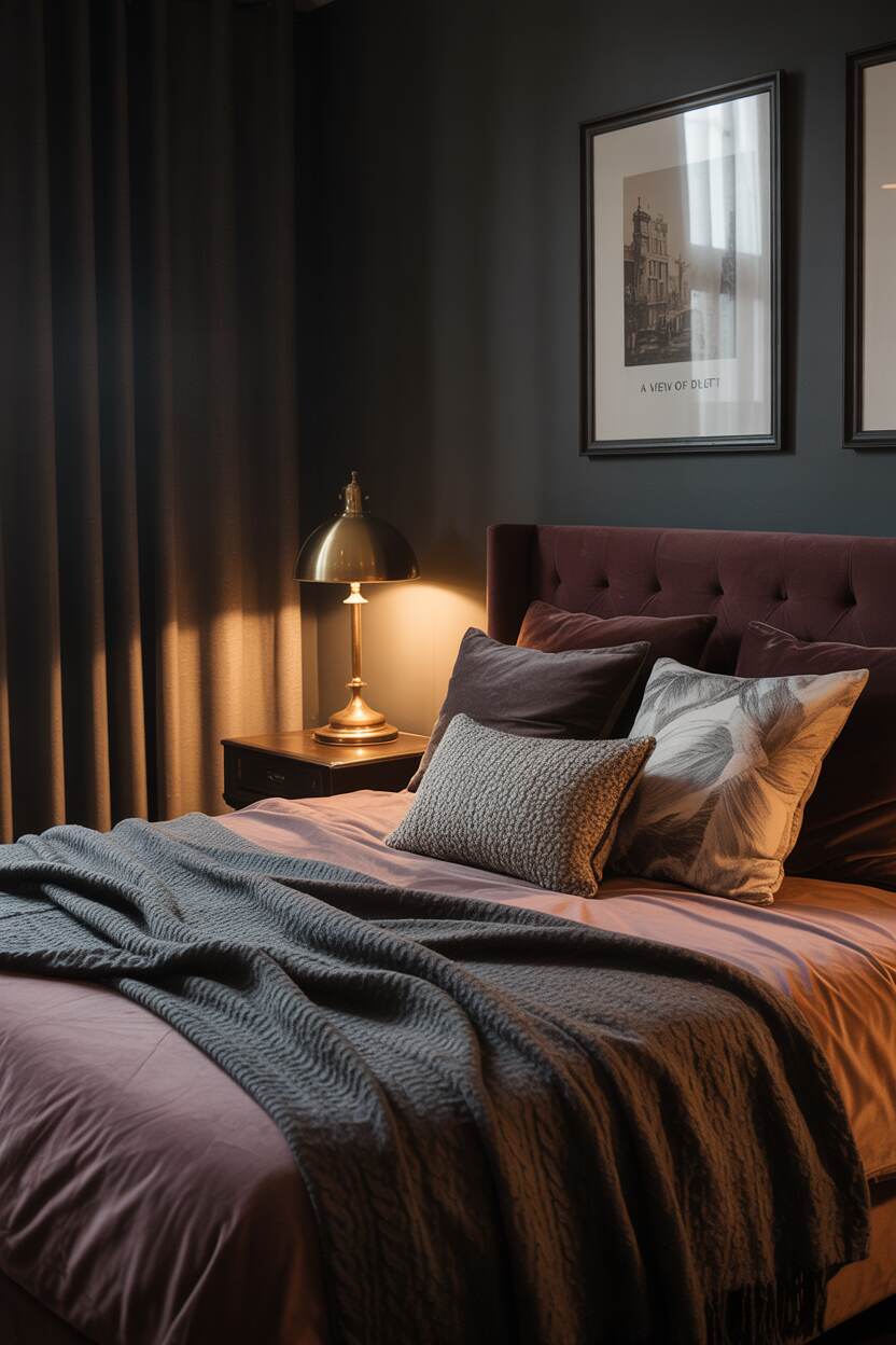 20 Dark Romantic Bedroom Ideas for a Moody, Luxe Vibe 15 King-sized bed with burgundy velvet, textured pillows, charcoal throw blanket, brass lamp on mahogany nightstand, and "A View of Delft" print