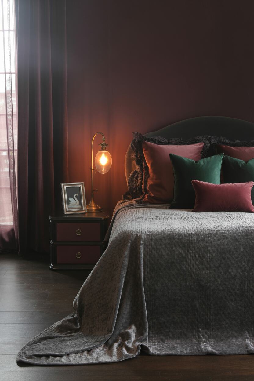 20 Dark Romantic Bedroom Ideas for a Moody, Luxe Vibe 16 King-sized bed with charcoal linens and jewel-toned pillows, brass lamp on mahogany nightstand with a swan photo, and black sheer curtains