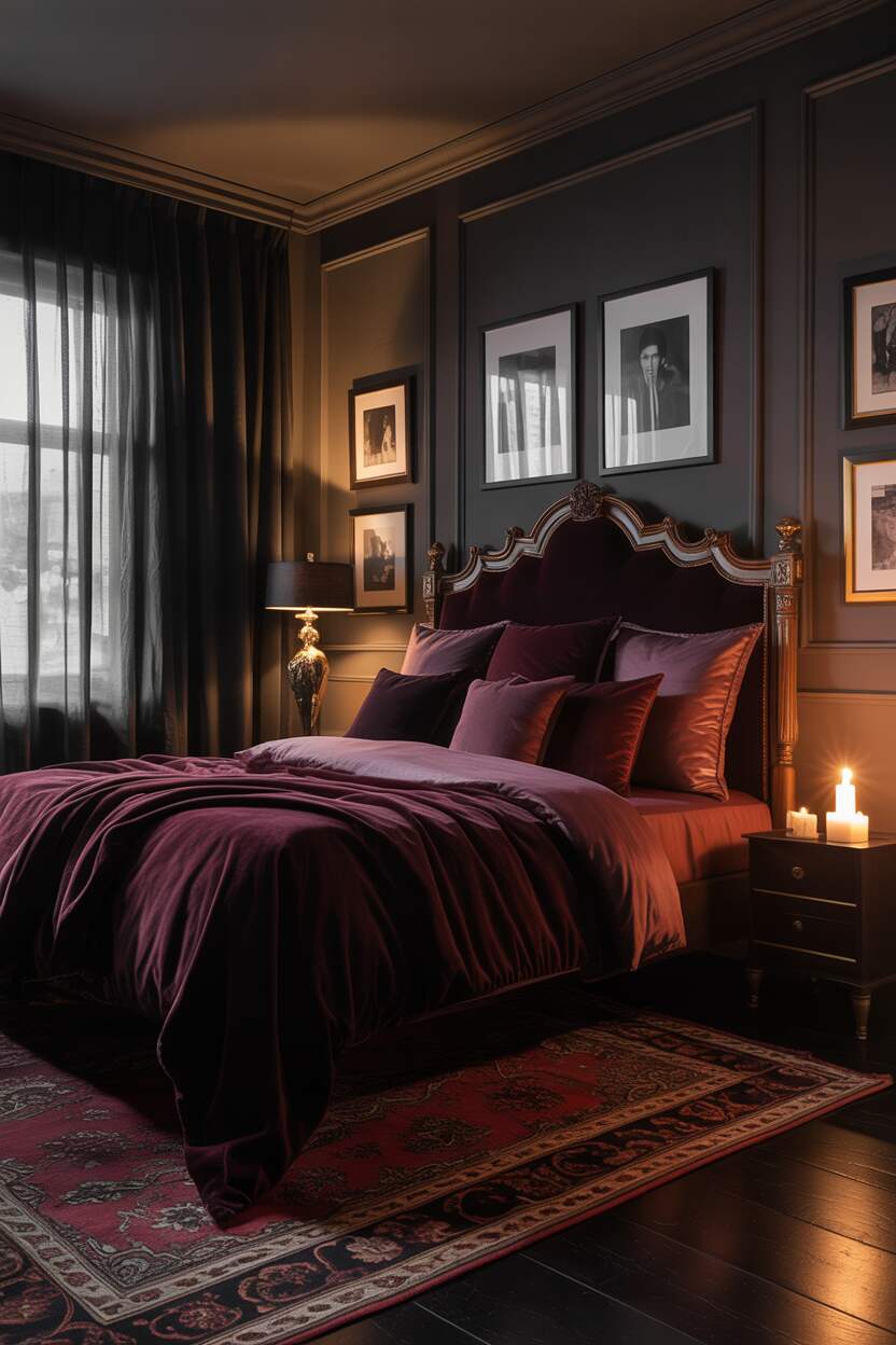 20 Dark Romantic Bedroom Ideas for a Moody, Luxe Vibe 17 King-sized bed with burgundy velvet linens and carved wooden headboard, flickering candle on dark wood nightstand, and black and white photographs