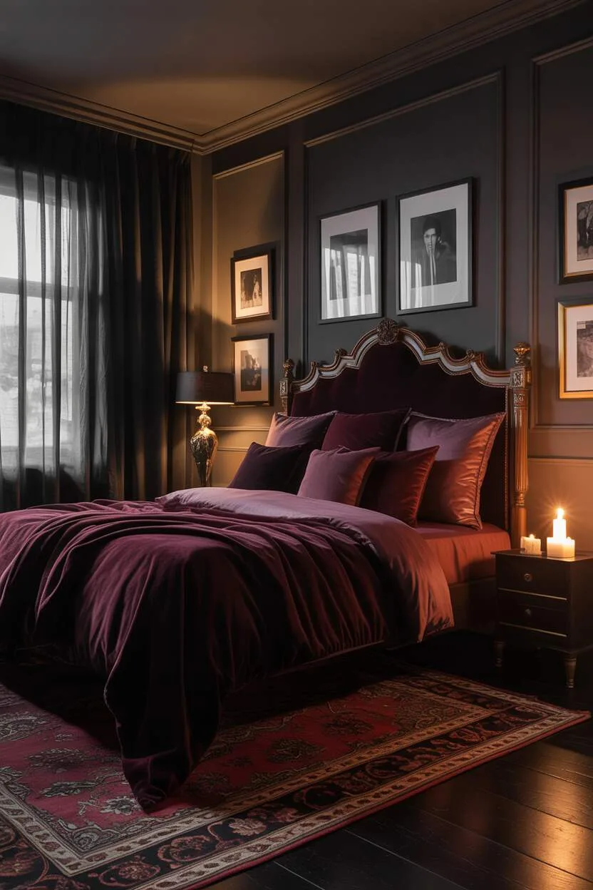 20 Dark Romantic Bedroom Ideas for a Moody, Luxe Vibe 17 King-sized bed with burgundy velvet linens and carved wooden headboard, flickering candle on dark wood nightstand, and black and white photographs