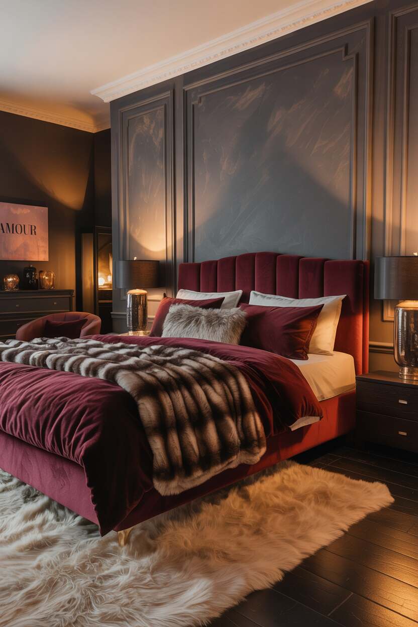 20 Dark Romantic Bedroom Ideas for a Moody, Luxe Vibe 18 King-sized bed with burgundy linens, throw pillows, and faux fur blanket against gray wall, with cream rug, fireplace, and "amour" painting