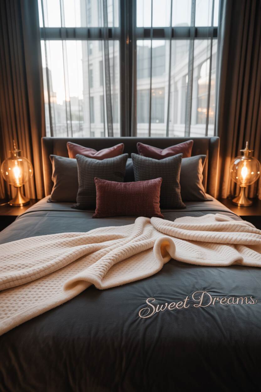 20 Dark Romantic Bedroom Ideas for a Moody, Luxe Vibe 19 King-sized bed with dark grey velvet linens, burgundy pillows, ivory knitted blanket with "Sweet Dreams" gold embroidery, and city view