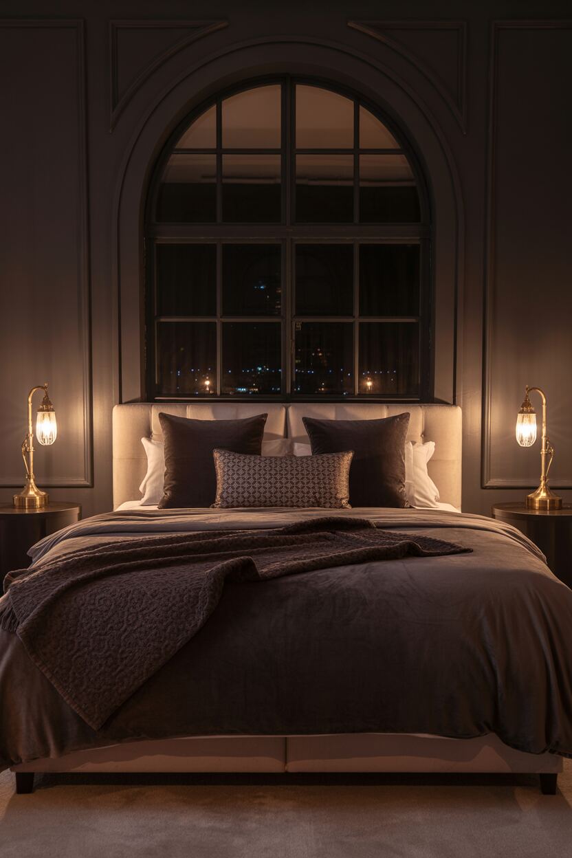 20 Dark Romantic Bedroom Ideas for a Moody, Luxe Vibe 20 King-sized bed with dark gray velvet bedding, patterned pillows, and burgundy blanket against charcoal walls, with arched window showing city lights and starry sky