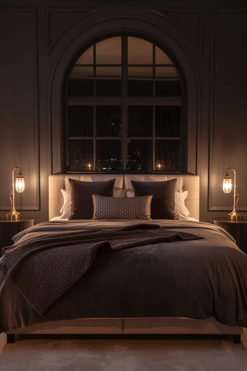 20 Dark Romantic Bedroom Ideas for a Moody, Luxe Vibe 20 King-sized bed with dark gray velvet bedding, patterned pillows, and burgundy blanket against charcoal walls, with arched window showing city lights and starry sky