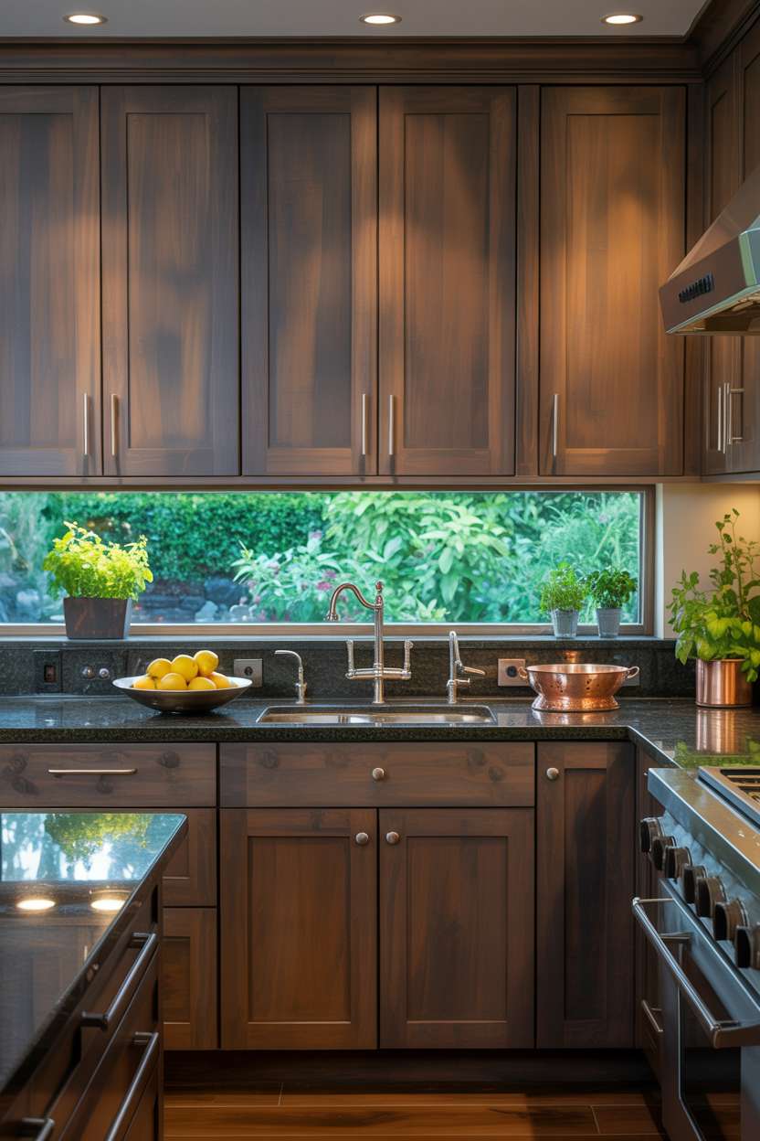 21 Stunning Dark Wood Kitchen Ideas for a Rich Look 1 Modern kitchen featuring dark wooden cabinets, granite countertops, and stainless steel appliances with warm lighting