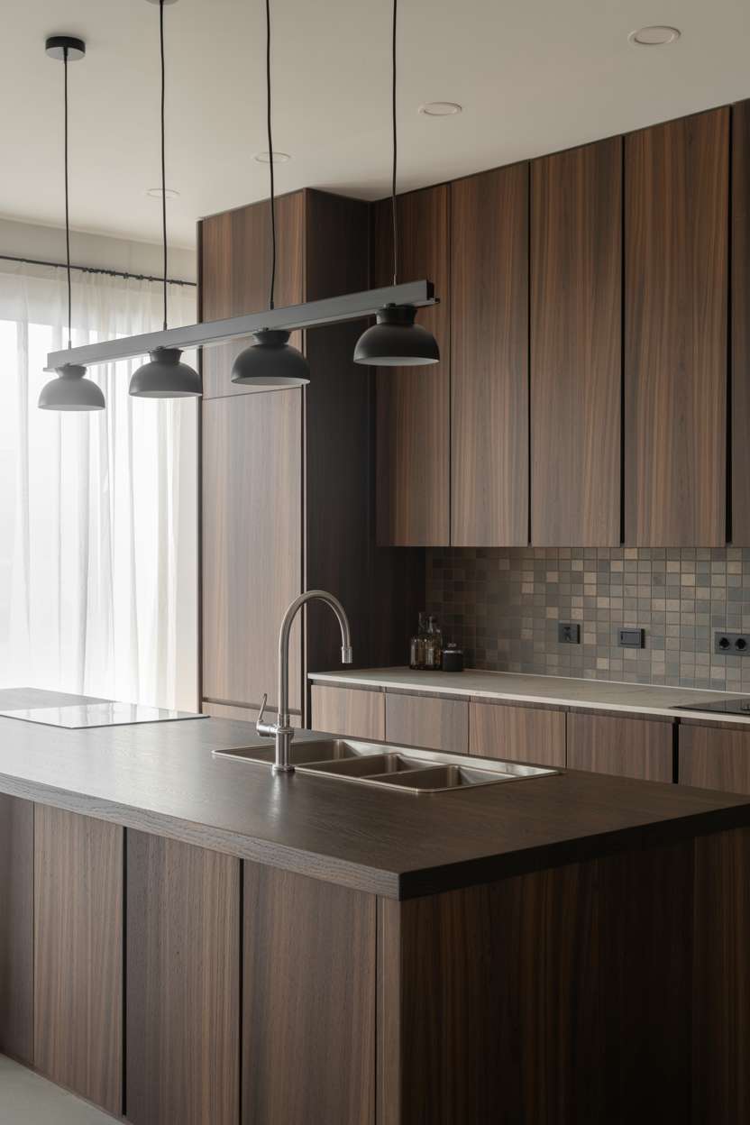 21 Stunning Dark Wood Kitchen Ideas for a Rich Look 2 Stylish kitchen featuring dark wood island with pendant lights and gray backsplash