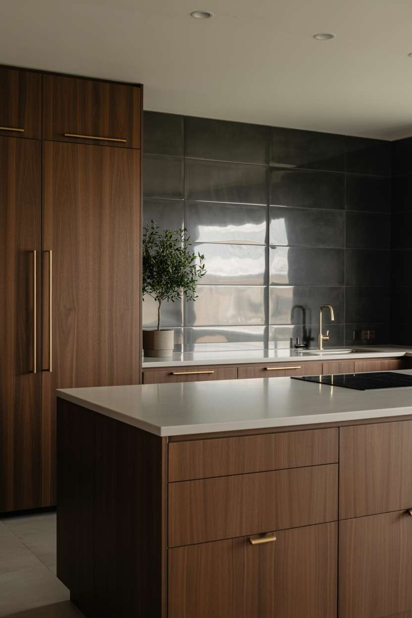 21 Stunning Dark Wood Kitchen Ideas for a Rich Look 3 Modern kitchen with dark walnut cabinets, brass hardware, and light grey quartz countertops