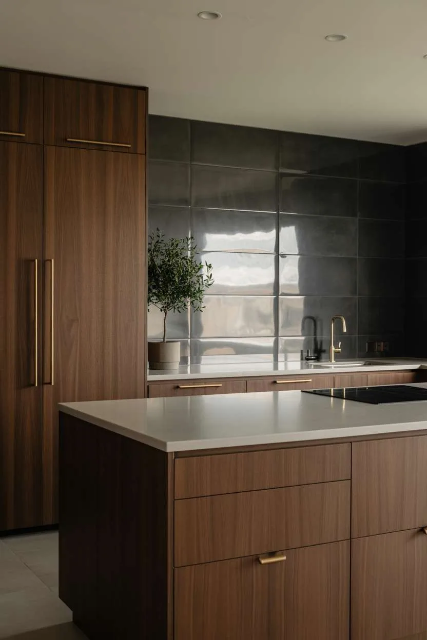 Modern kitchen with dark walnut cabinets, brass hardware, and light grey quartz countertops