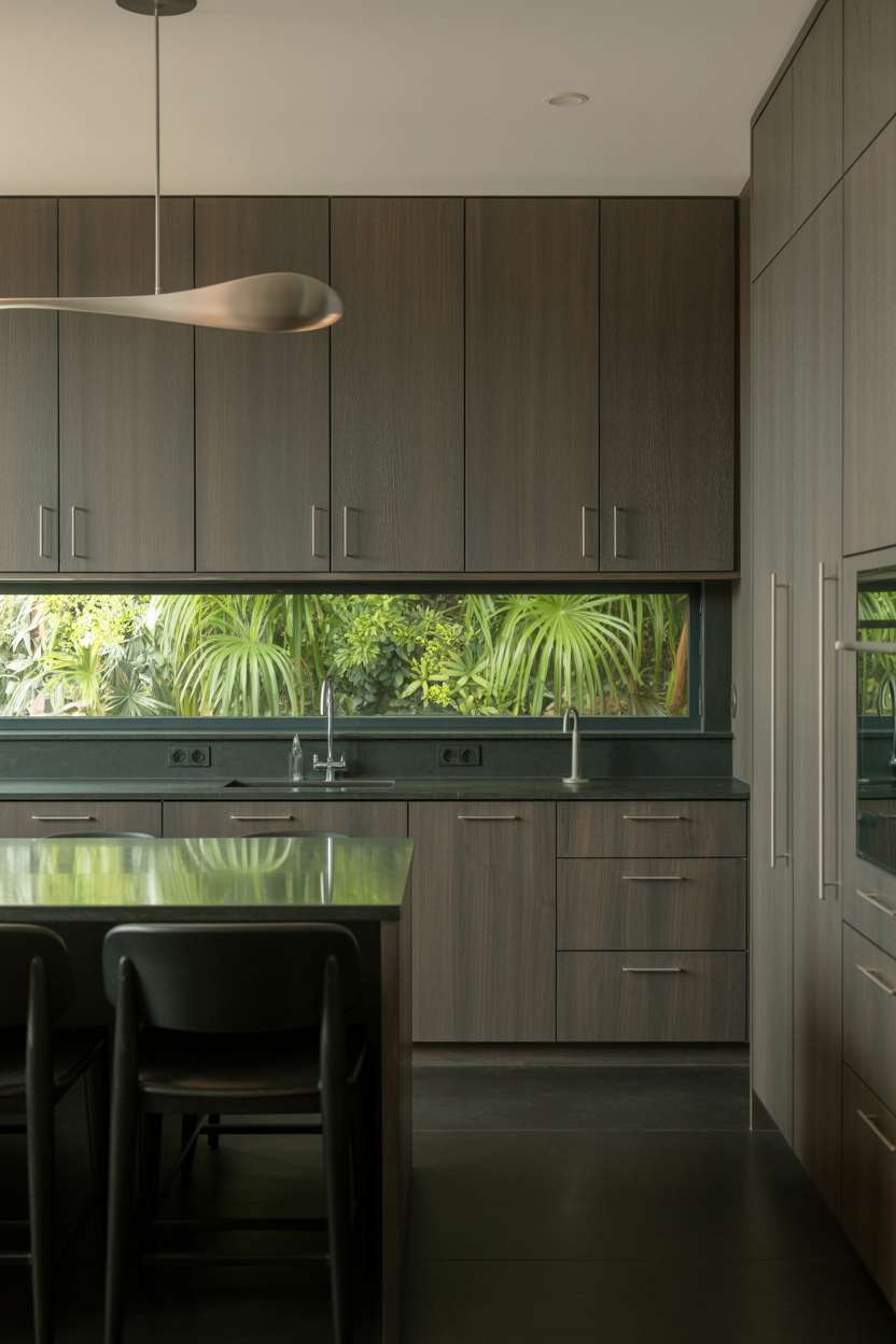 21 Stunning Dark Wood Kitchen Ideas for a Rich Look 4 Modern kitchen with dark wood cabinets, black countertops, and large window overlooking garden