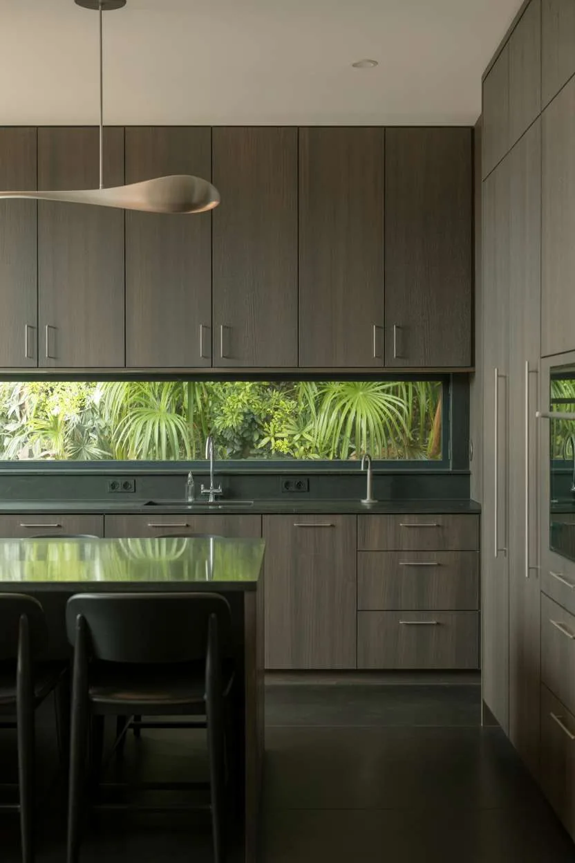 Modern kitchen with dark wood cabinets, black countertops, and large window overlooking garden