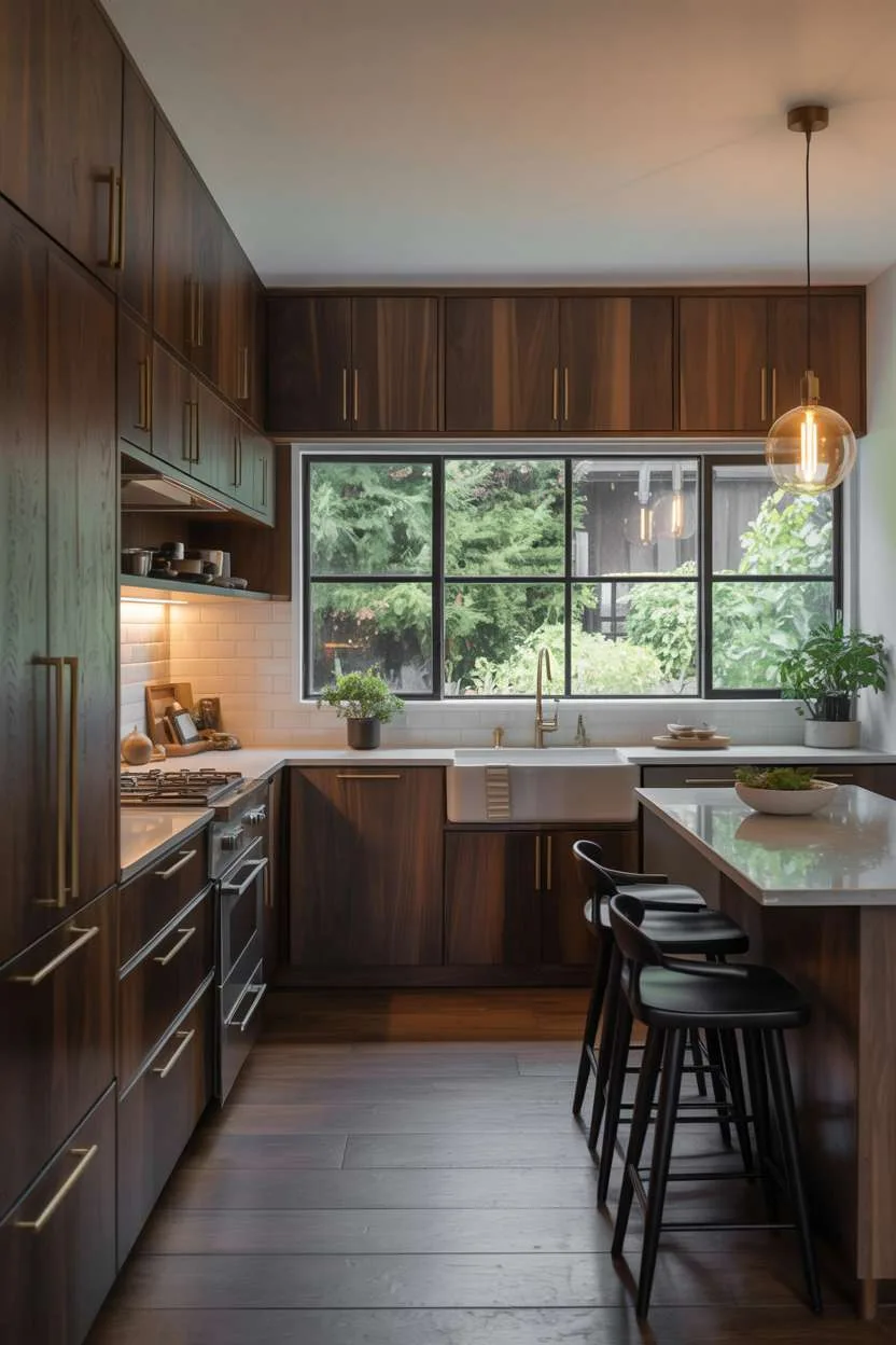 Modern kitchen featuring dark walnut cabinets, white quartz countertops, and farmhouse sink with Edison bulb pendant