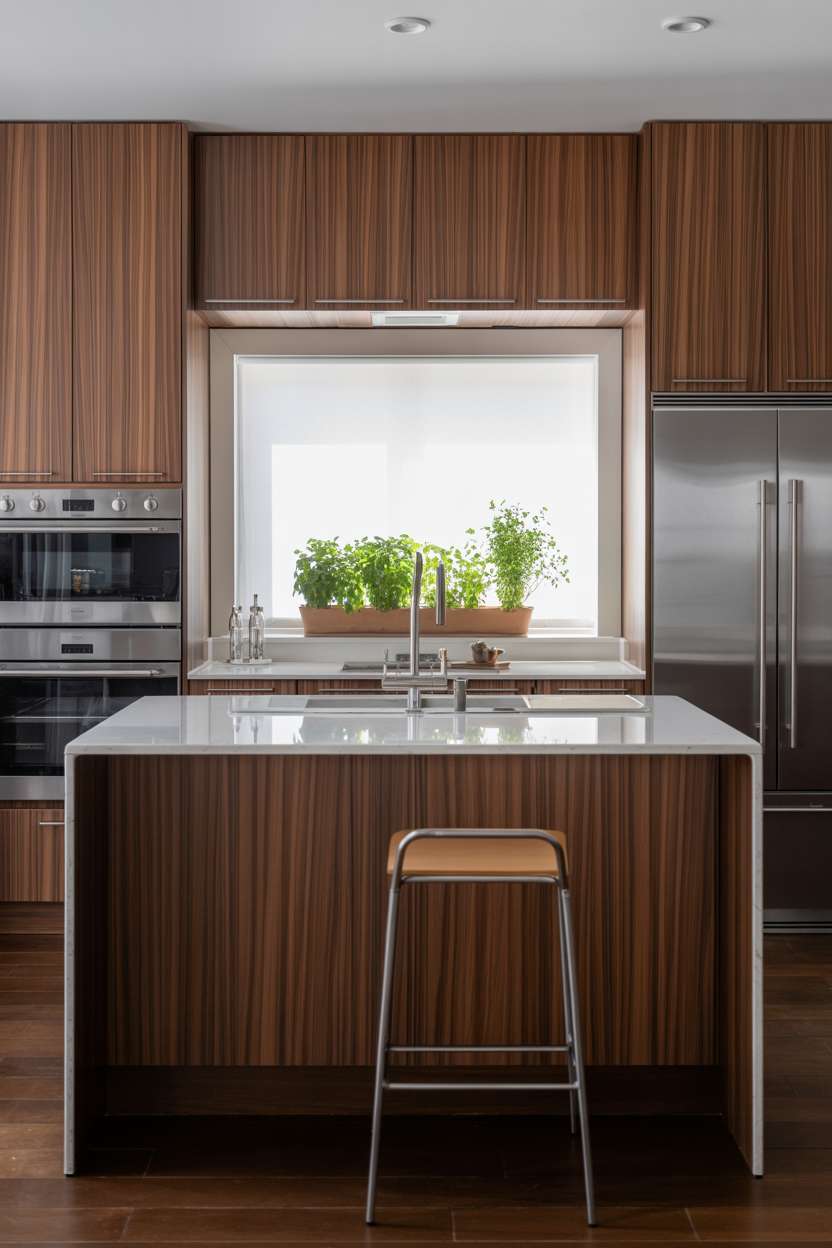 21 Stunning Dark Wood Kitchen Ideas for a Rich Look 6 Modern kitchen with dark wood cabinets, stainless steel appliances, and windowsill herb garden