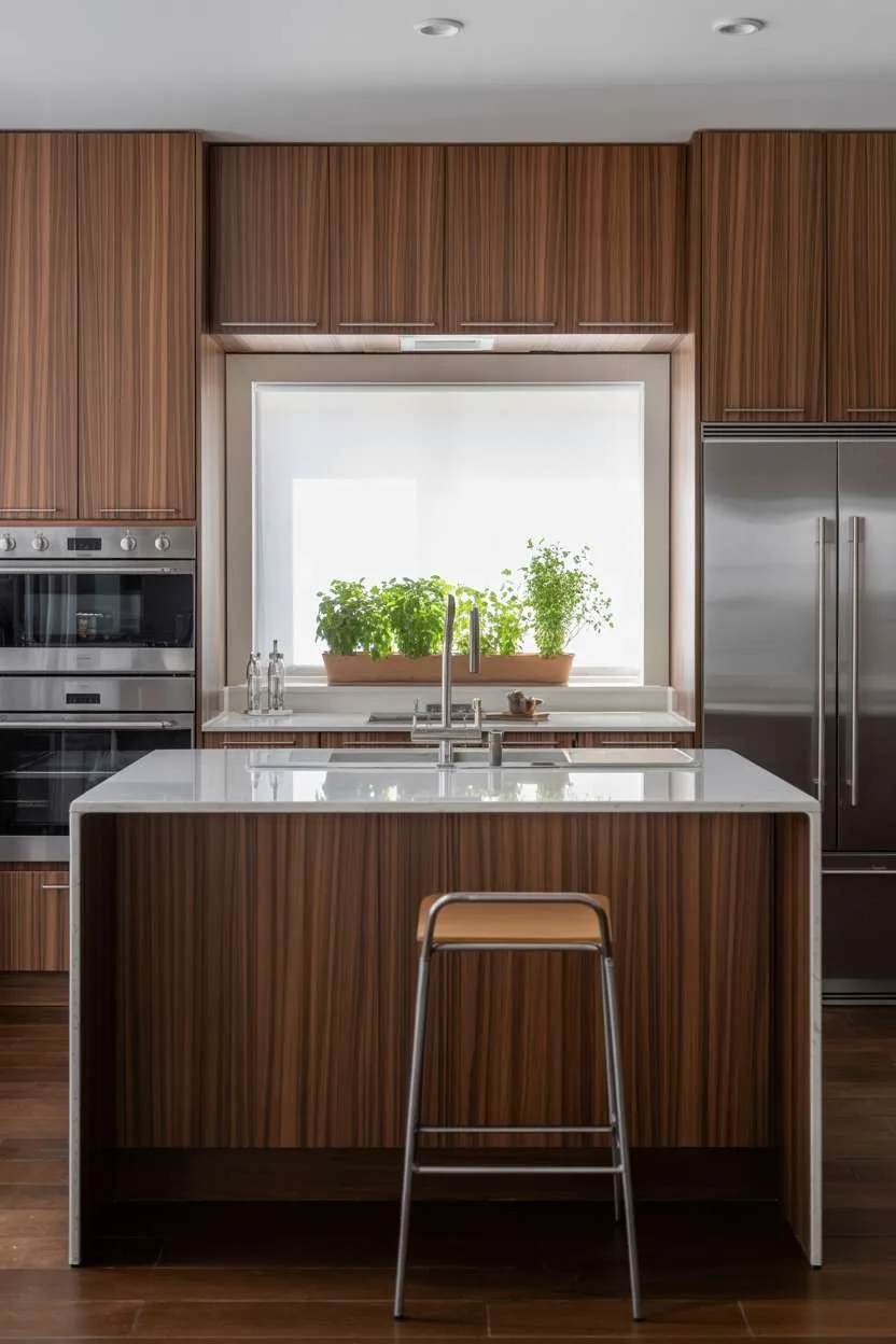 Modern kitchen with dark wood cabinets, stainless steel appliances, and windowsill herb garden