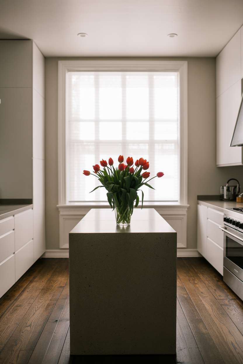 21 Stunning Dark Wood Kitchen Ideas for a Rich Look 7 Minimalist kitchen featuring dark wood floors, white cabinetry, and red tulip centerpiece