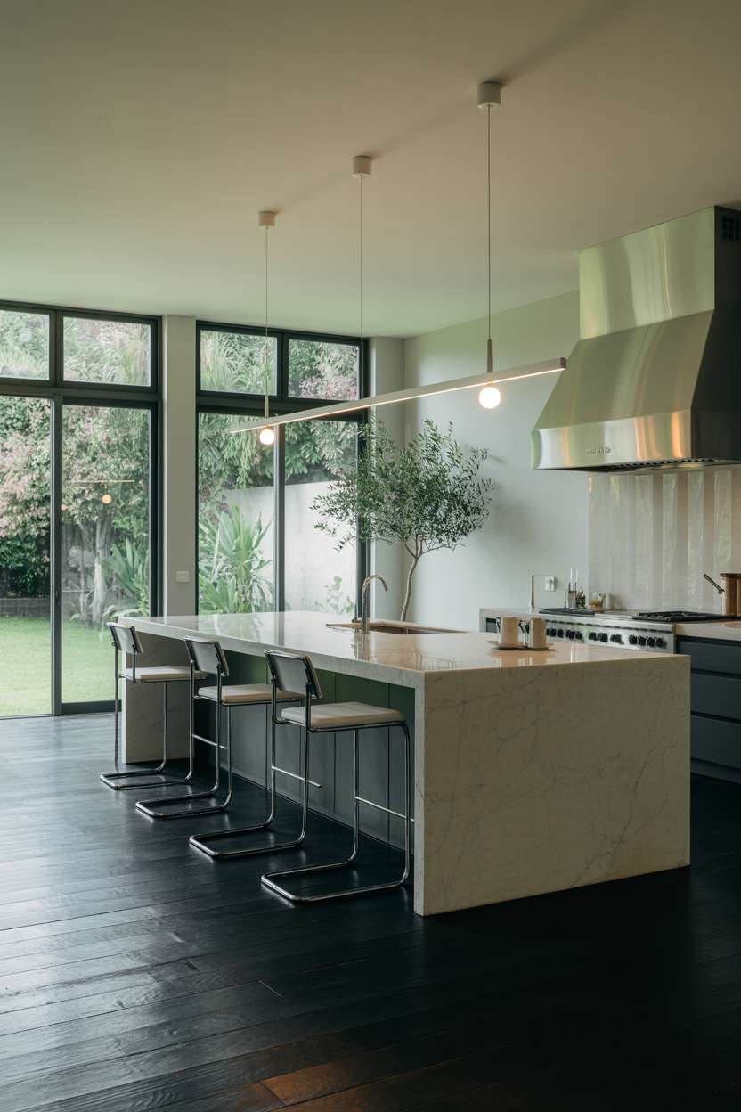 21 Stunning Dark Wood Kitchen Ideas for a Rich Look 8 Sleek kitchen featuring dark wood floors, white marble island, and garden views