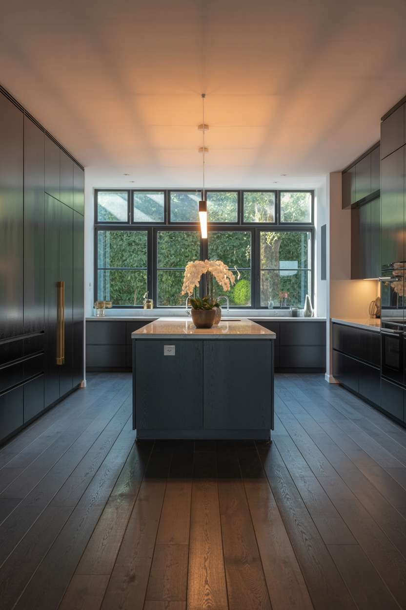 21 Stunning Dark Wood Kitchen Ideas for a Rich Look 9 Contemporary kitchen with dark wood floors, charcoal gray cabinets, and brushed gold hardware
