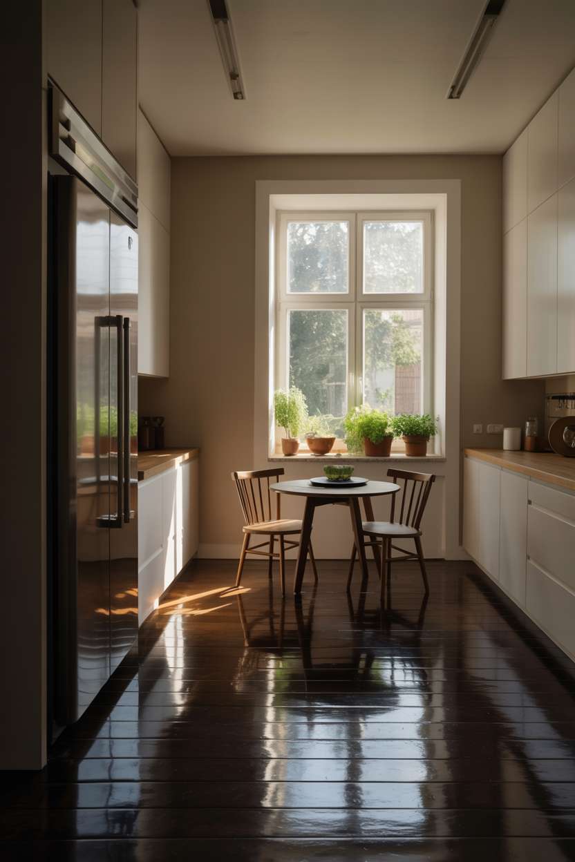 21 Stunning Dark Wood Kitchen Ideas for a Rich Look 10 Simple kitchen featuring dark wood floors, white cabinetry, and stainless steel refrigerator