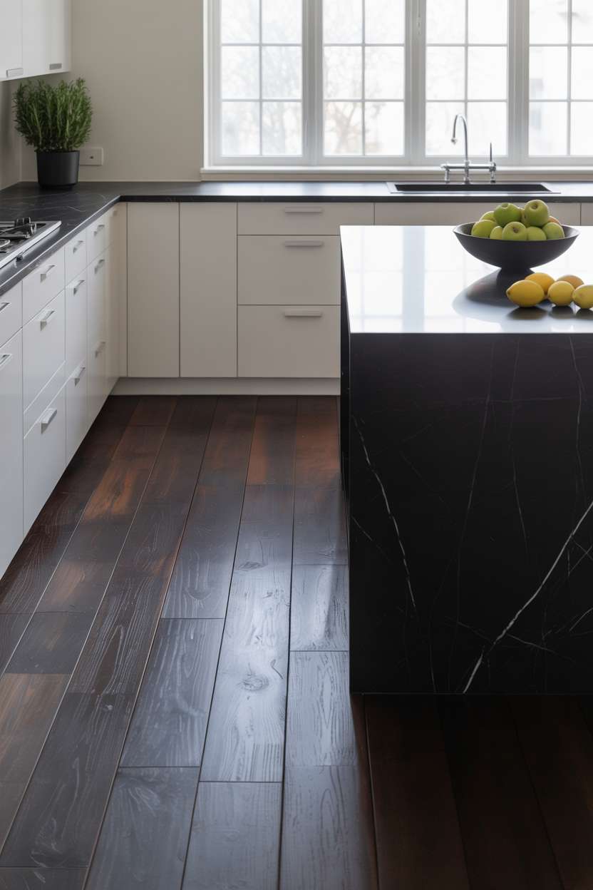21 Stunning Dark Wood Kitchen Ideas for a Rich Look 11 Contemporary kitchen featuring dark wood floors, white cabinets, and black marble island centerpiece