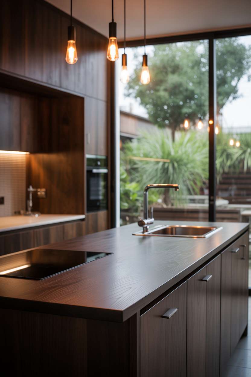 21 Stunning Dark Wood Kitchen Ideas for a Rich Look 12 Modern kitchen featuring rich walnut island with built-in sink and Edison bulb pendant lights
