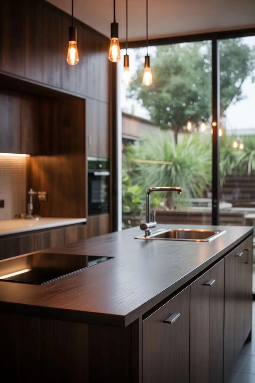 Modern kitchen featuring rich walnut island with built-in sink and Edison bulb pendant lights