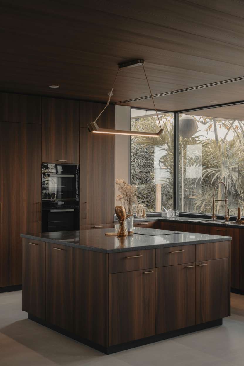 21 Stunning Dark Wood Kitchen Ideas for a Rich Look 13 Comprehensive view of dark wood kitchen with walnut cabinets, black granite countertops, and brass hardware