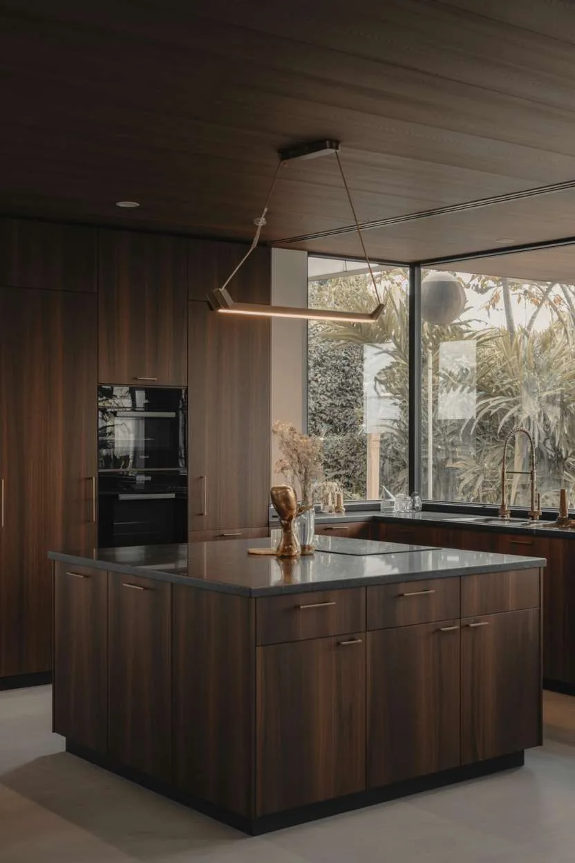 Comprehensive view of dark wood kitchen with walnut cabinets, black granite countertops, and brass hardware