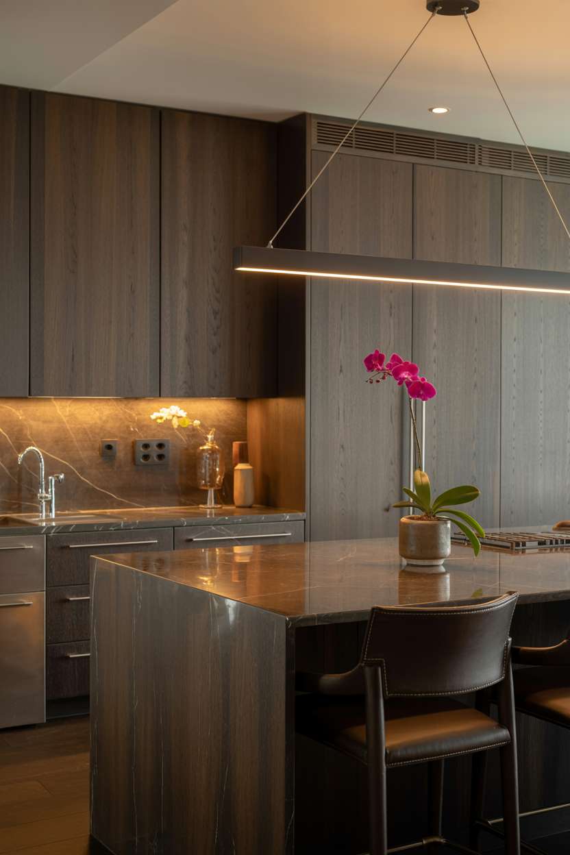 21 Stunning Dark Wood Kitchen Ideas for a Rich Look 14 Sophisticated kitchen featuring dark wood cabinets, marble countertops, and dark leather bar stools