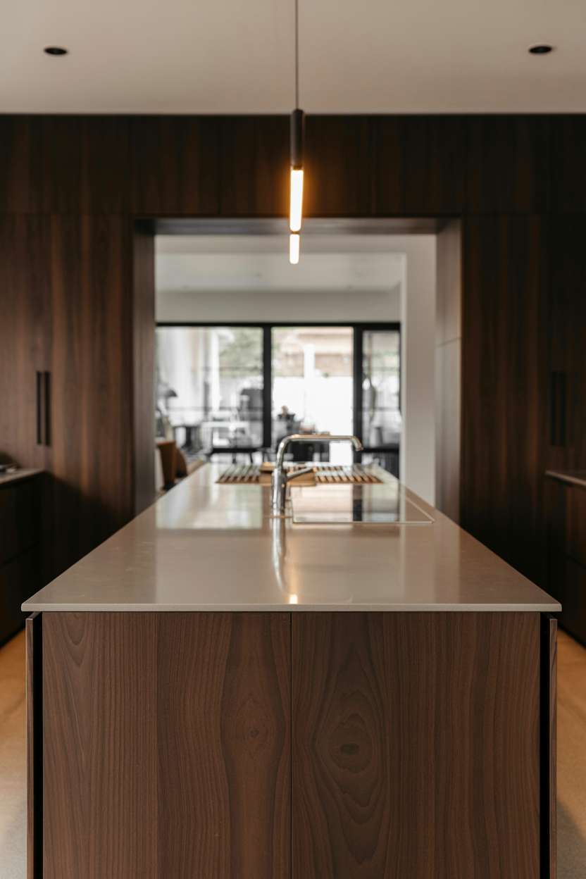 21 Stunning Dark Wood Kitchen Ideas for a Rich Look 15 Modern kitchen with dark walnut cabinets, integrated appliances, and light grey quartz countertops