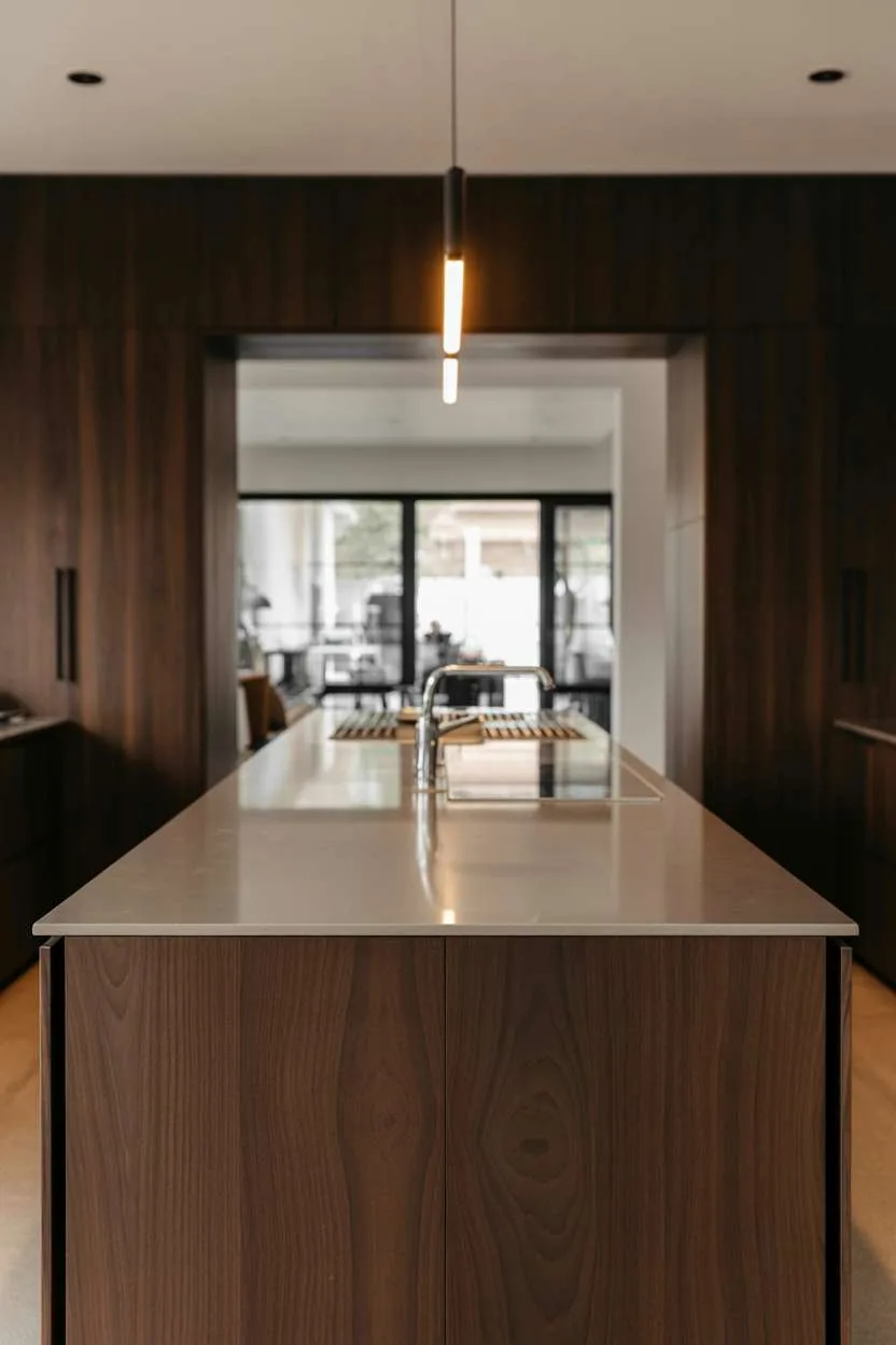 Modern kitchen with dark walnut cabinets, integrated appliances, and light grey quartz countertops
