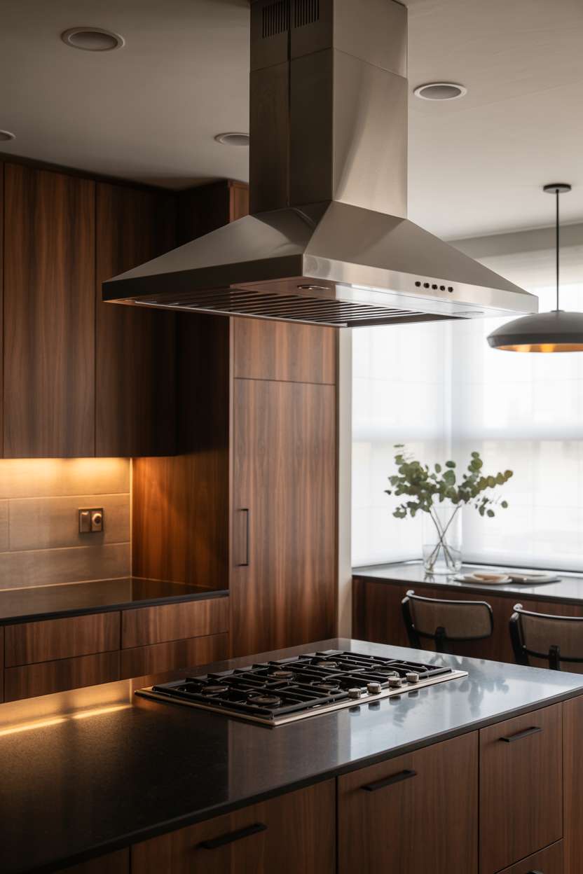 21 Stunning Dark Wood Kitchen Ideas for a Rich Look 16 Modern kitchen featuring dark walnut cabinets, black granite countertops, and professional-grade stainless steel range hood