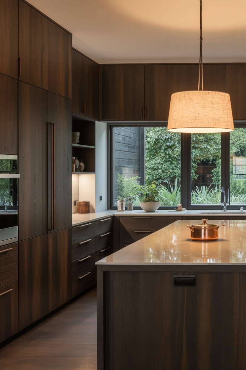 21 Stunning Dark Wood Kitchen Ideas for a Rich Look 17 Warm kitchen featuring dark wood cabinets with bronze hardware, white quartz countertops, and copper pot