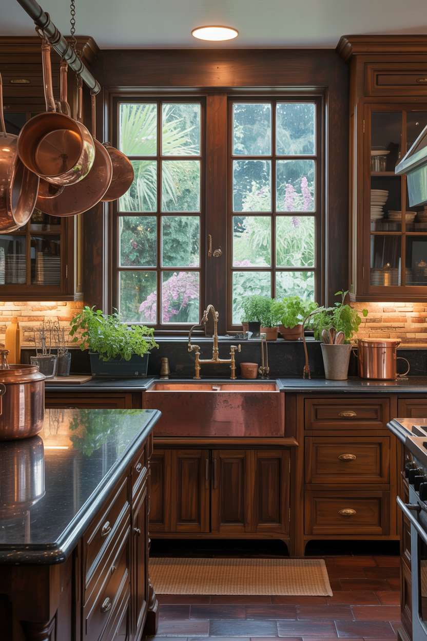 21 Stunning Dark Wood Kitchen Ideas for a Rich Look 18 Cozy kitchen featuring dark wood cabinets, granite countertops, and copper farmhouse sink with hanging pots