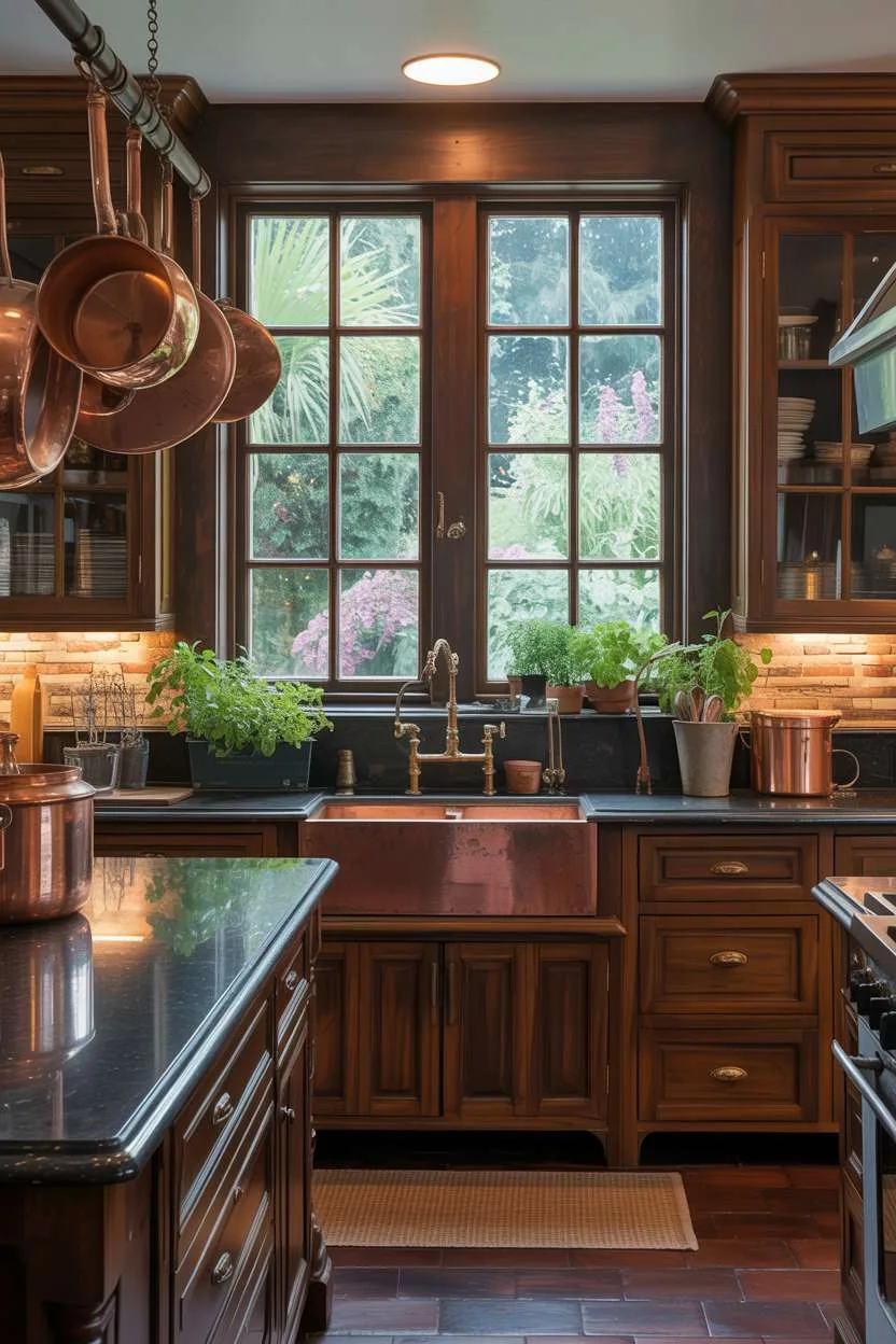 Cozy kitchen featuring dark wood cabinets, granite countertops, and copper farmhouse sink with hanging pots