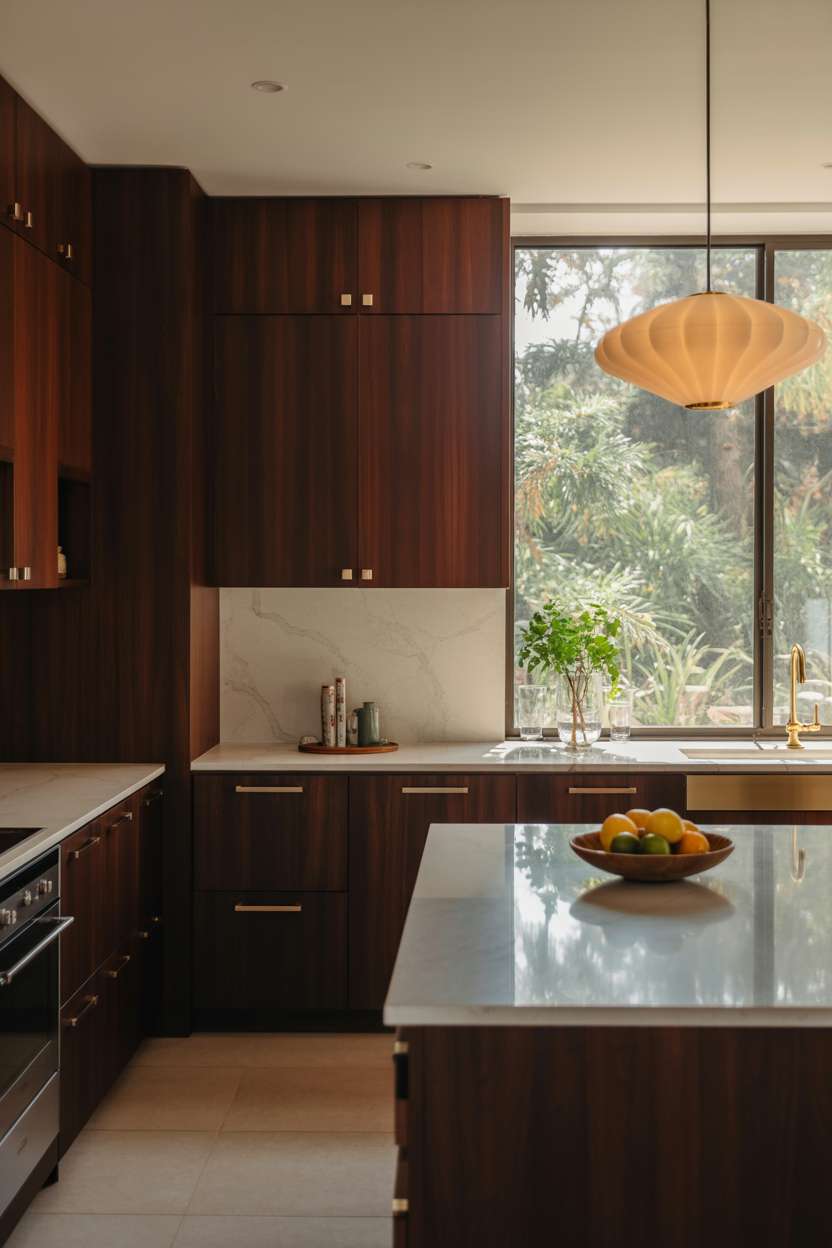 21 Stunning Dark Wood Kitchen Ideas for a Rich Look 19 Luxurious kitchen featuring rich mahogany cabinets, brass hardware, and frosted glass pendant light