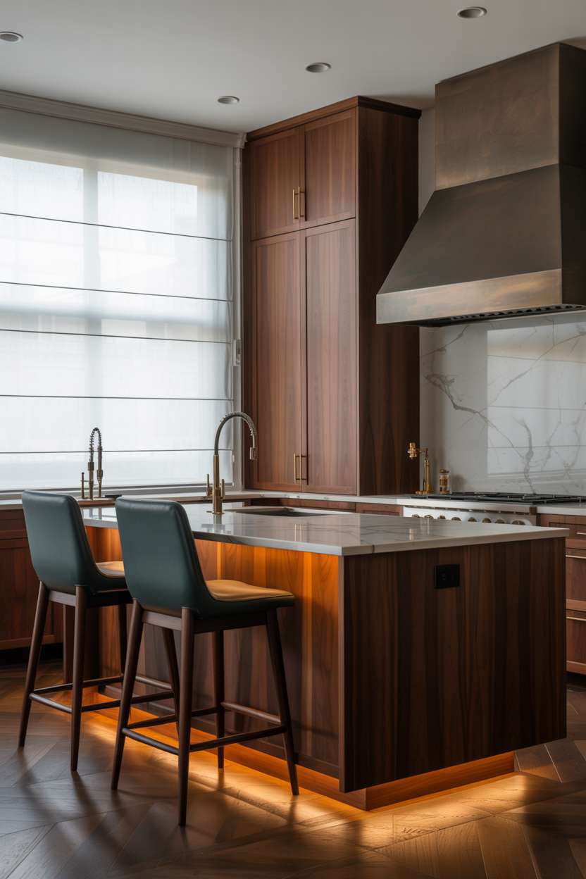 21 Stunning Dark Wood Kitchen Ideas for a Rich Look 20 High-end kitchen featuring walnut island with white marble waterfall countertop and teal leather bar stools