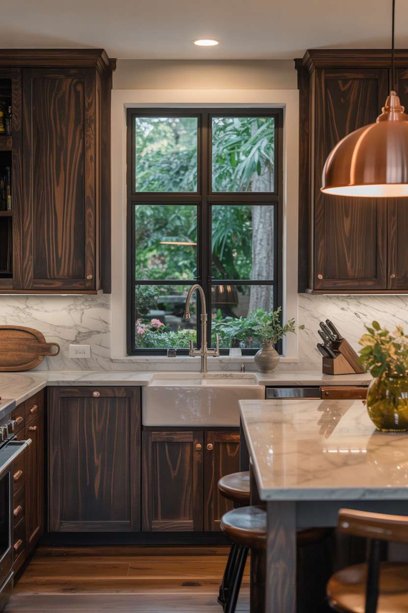 21 Stunning Dark Wood Kitchen Ideas for a Rich Look 21 Sophisticated kitchen featuring dark wood cabinets, white marble countertops, and farmhouse sink with copper pendant