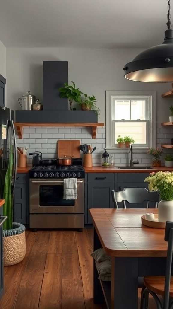 A moody farmhouse kitchen with dark blue cabinets, wooden countertops, and plants.